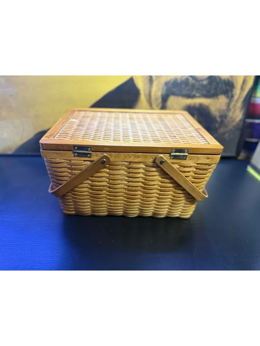 Vintage Woven Wood Picnic Basket Hinged Lid Dual Handles 15x11x9